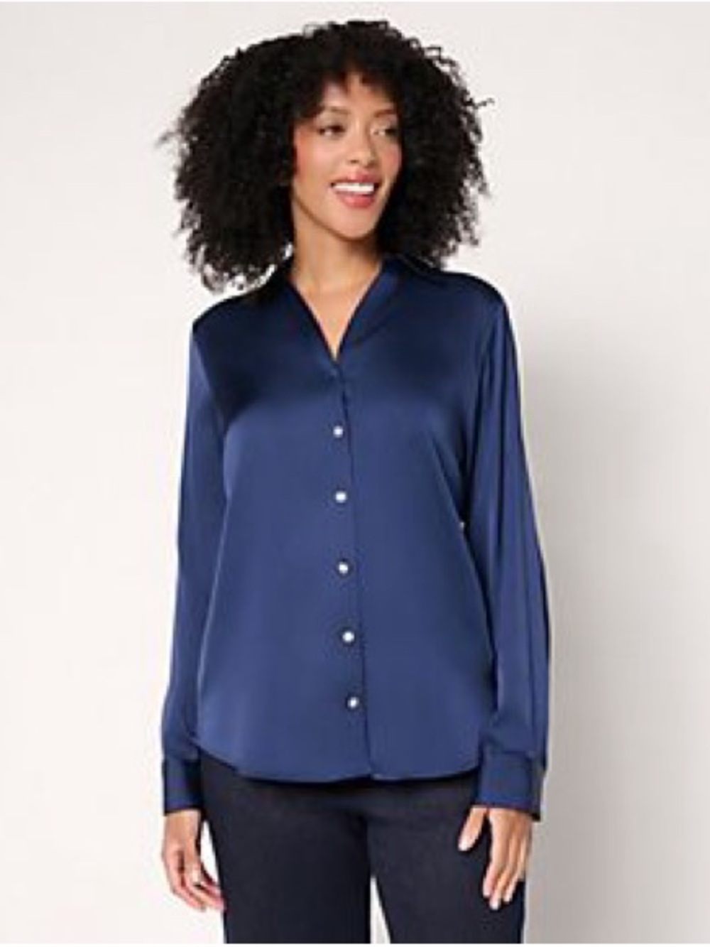 Denim&Co Navy Satin Button-Front Blouse